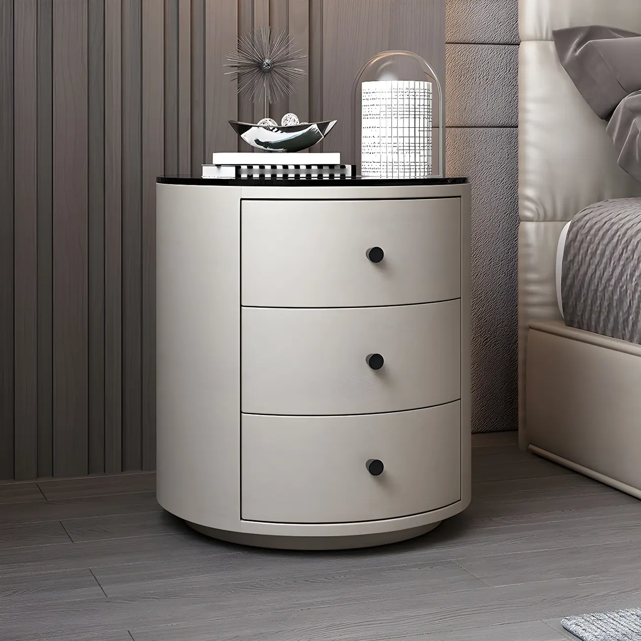 Modern Faux Leather Round Bedside Table with Two Drawers in Grey Image - 17 | homeyfad
