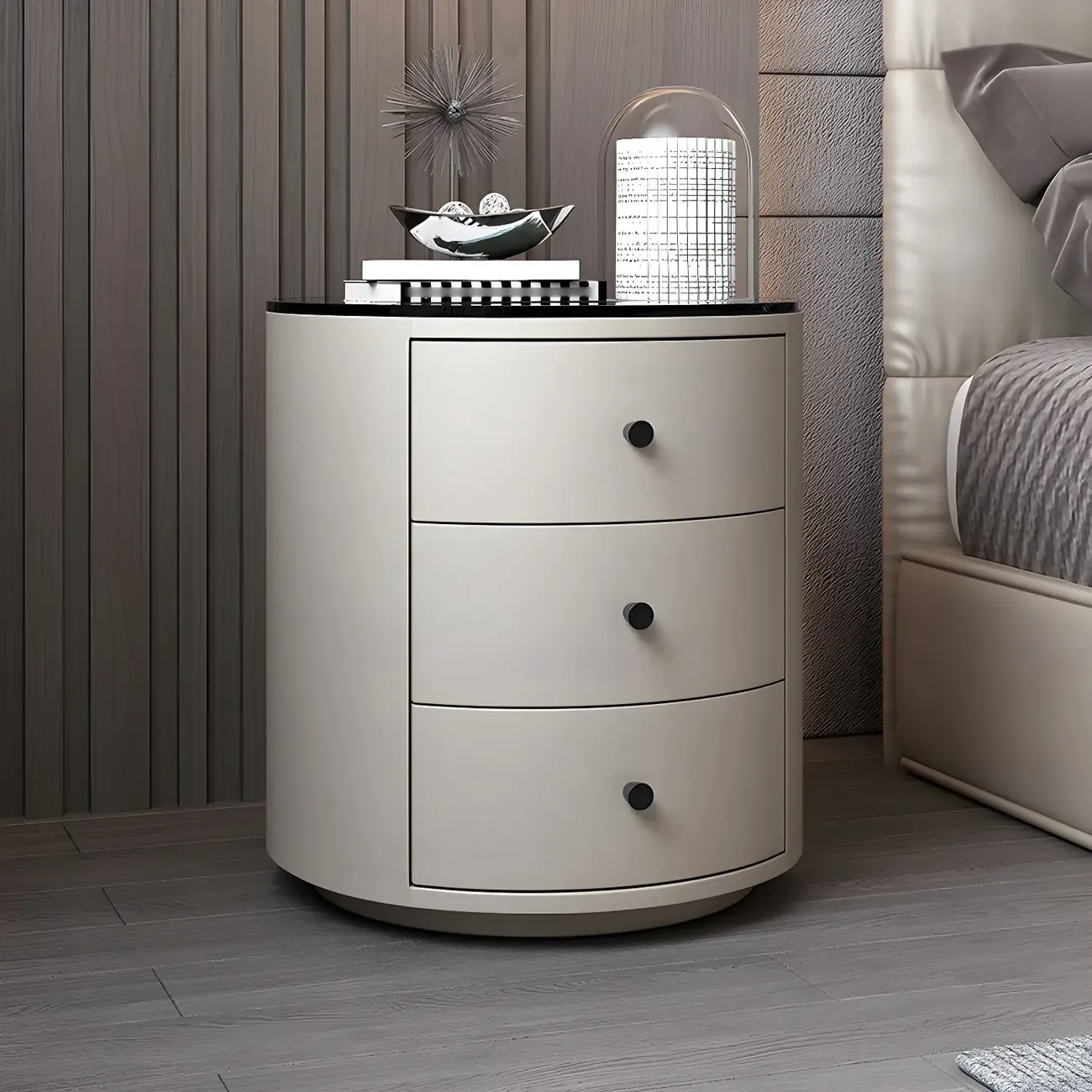 Modern Faux Leather Round Bedside Table with Two Drawers in Grey Image - 17