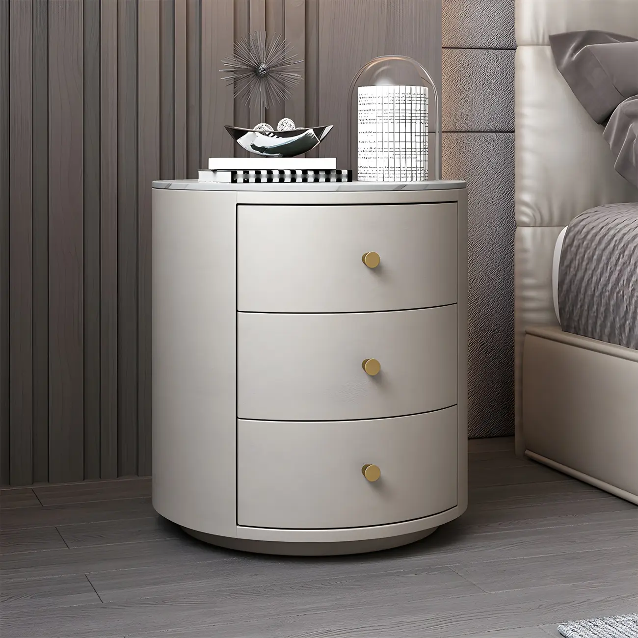Modern Faux Leather Round Bedside Table with Two Drawers in Grey Image - 19 | homeyfad