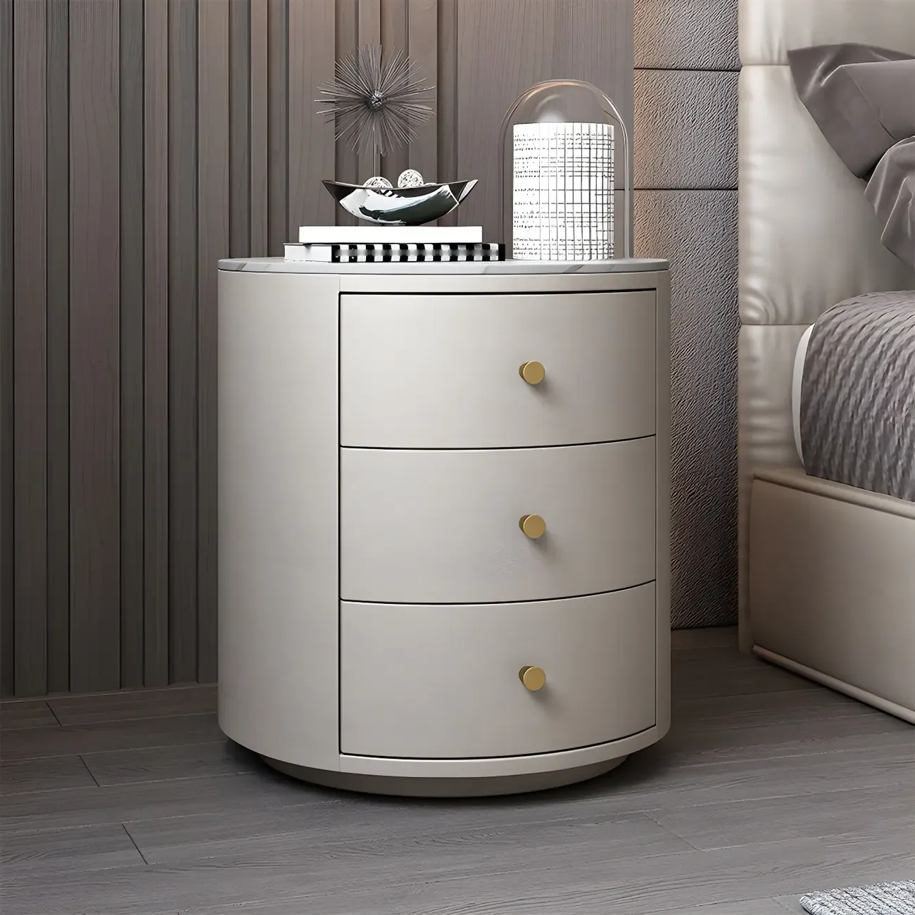 Modern Faux Leather Round Bedside Table with Two Drawers in Grey Image - 19