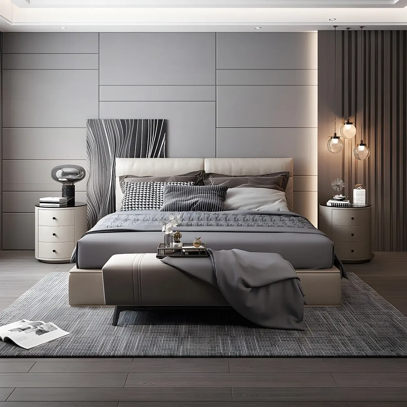 Modern Faux Leather Round Bedside Table with Two Drawers in Grey Image - 20