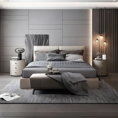 Modern Faux Leather Round Bedside Table with Two Drawers in Grey Image - 20