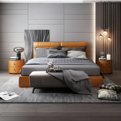 Modern Faux Leather Round Bedside Table with Two Drawers in Grey Image - 21