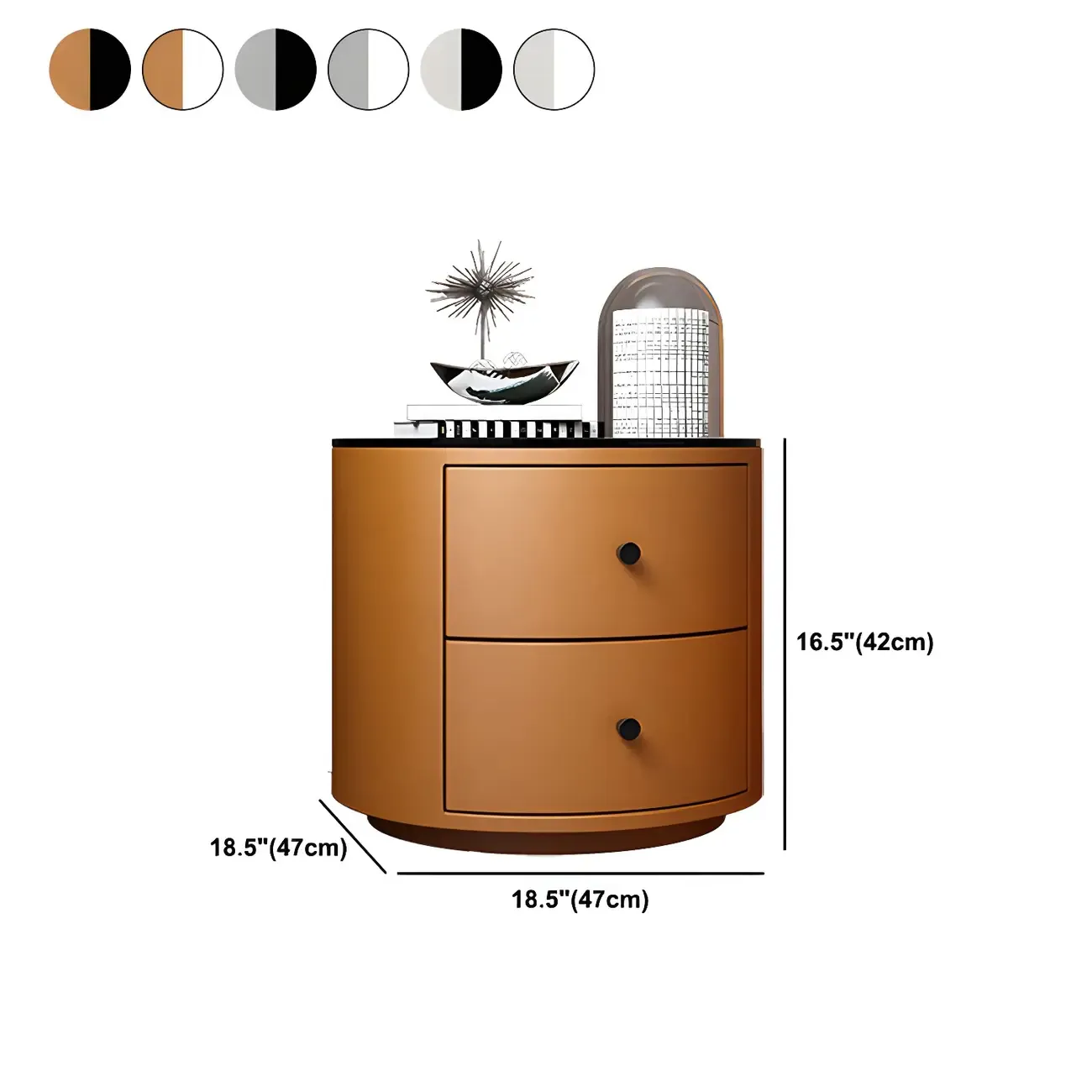 Modern Faux Leather Round Bedside Table with Two Drawers in Grey #size