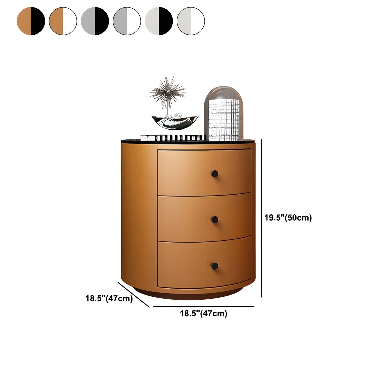Modern Faux Leather Round Bedside Table with Two Drawers in Grey Image - 23