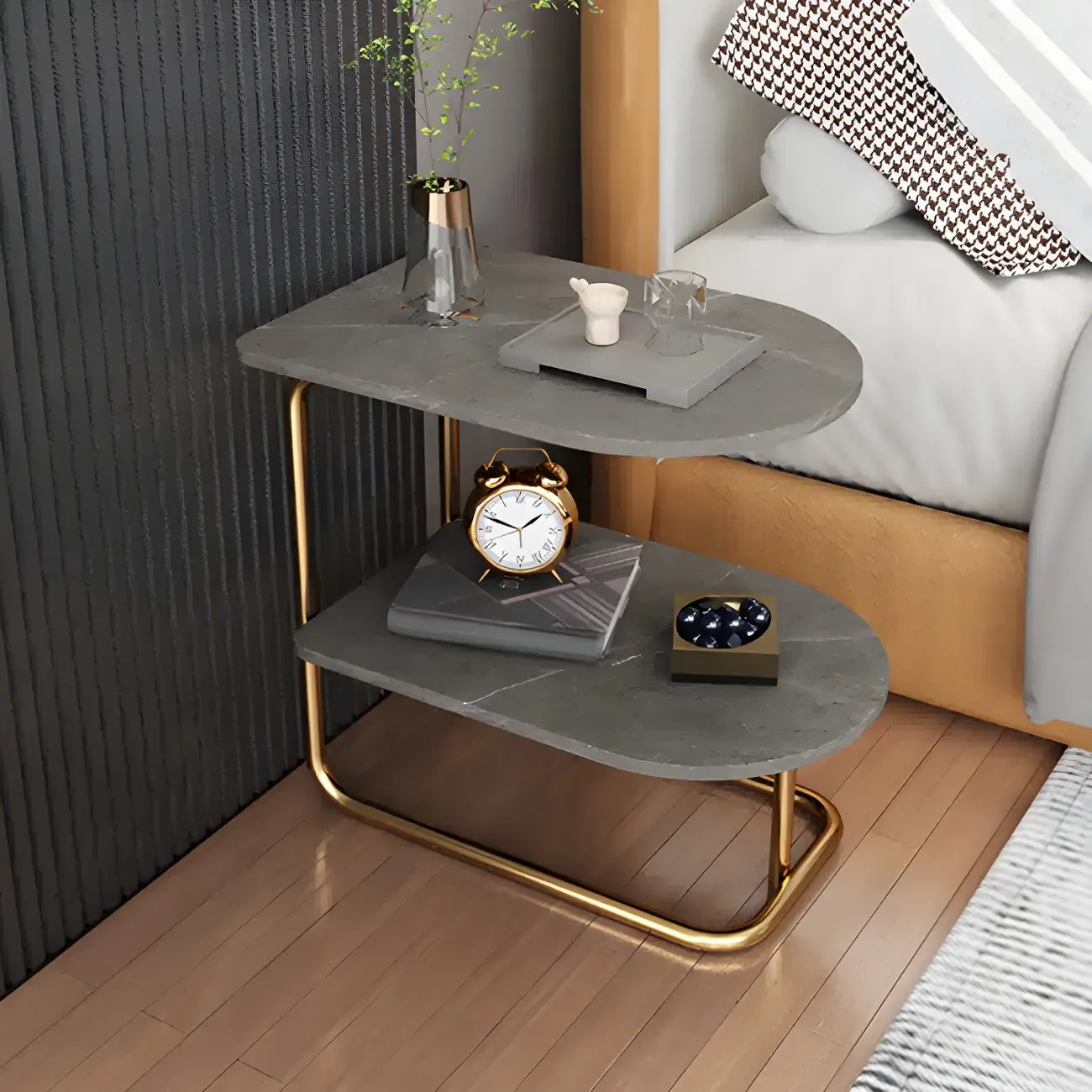 Glam Nightstand with 2 Shelves Stone Countertop Open Storage Metal Legs Image - 1