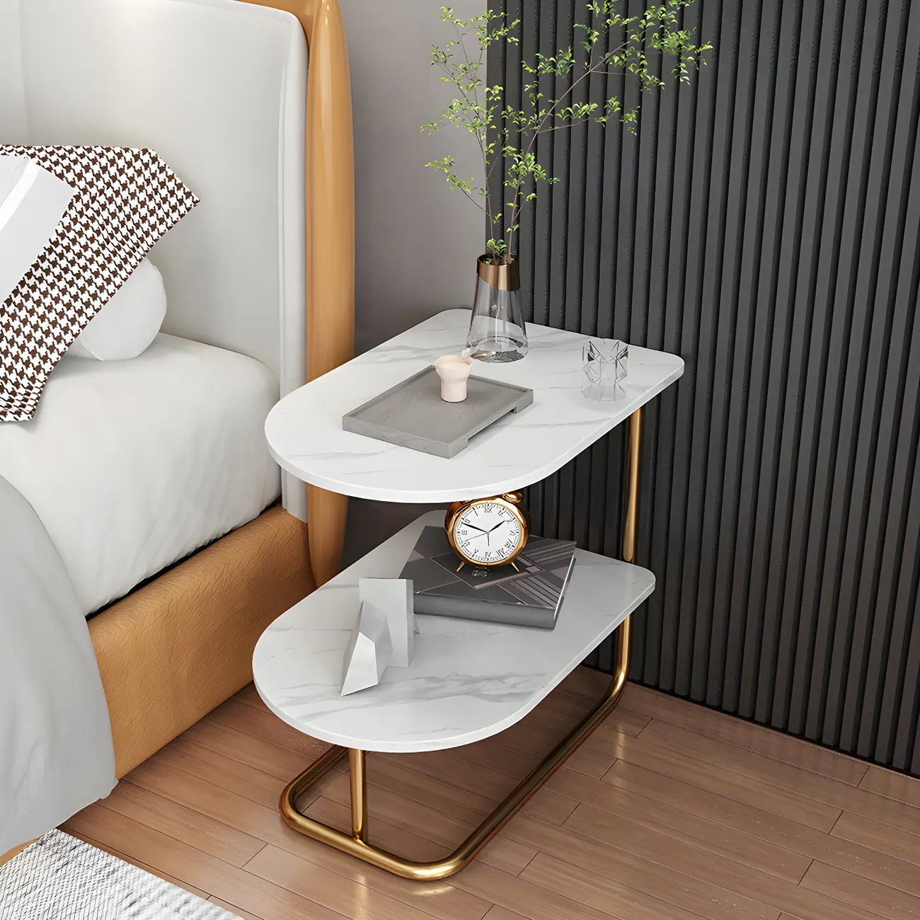 Glam Nightstand with 2 Shelves Stone Countertop Open Storage Metal Legs Image - 2 | homeyfad