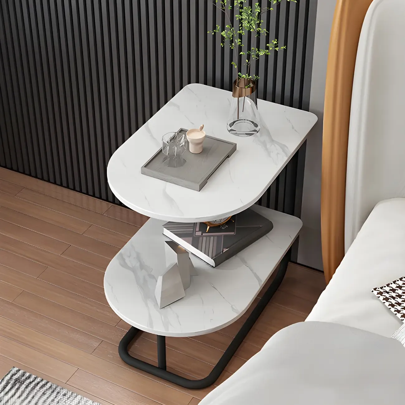 Glam Nightstand with 2 Shelves Stone Countertop Open Storage Metal Legs Image - 3