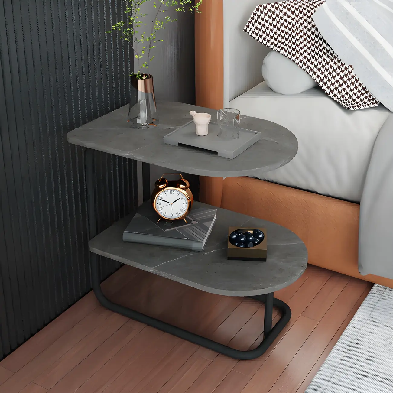 Glam Nightstand with 2 Shelves Stone Countertop Open Storage Metal Legs Image - 4 | homeyfad
