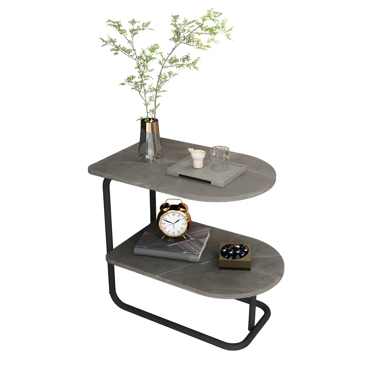 Glam Nightstand with 2 Shelves Stone Countertop Open Storage Metal Legs Image - 5