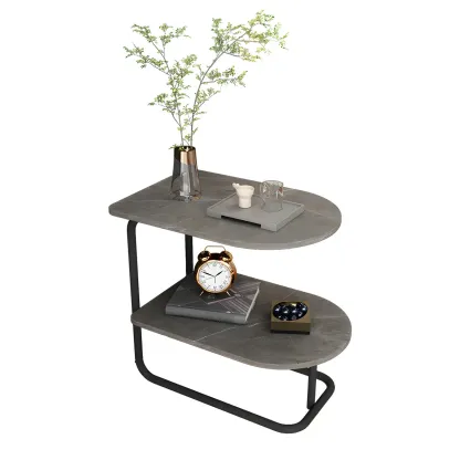 Glam Nightstand with 2 Shelves Stone Countertop Open Storage Metal Legs Image - 5