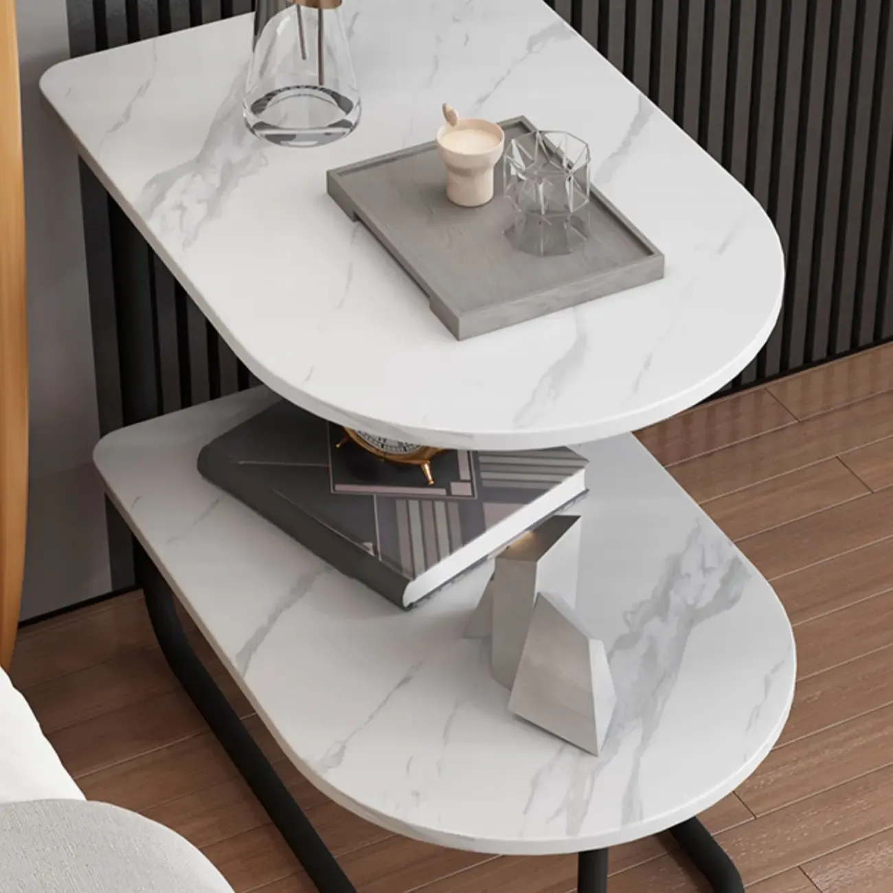 Glam Nightstand with 2 Shelves Stone Countertop Open Storage Metal Legs Image - 7