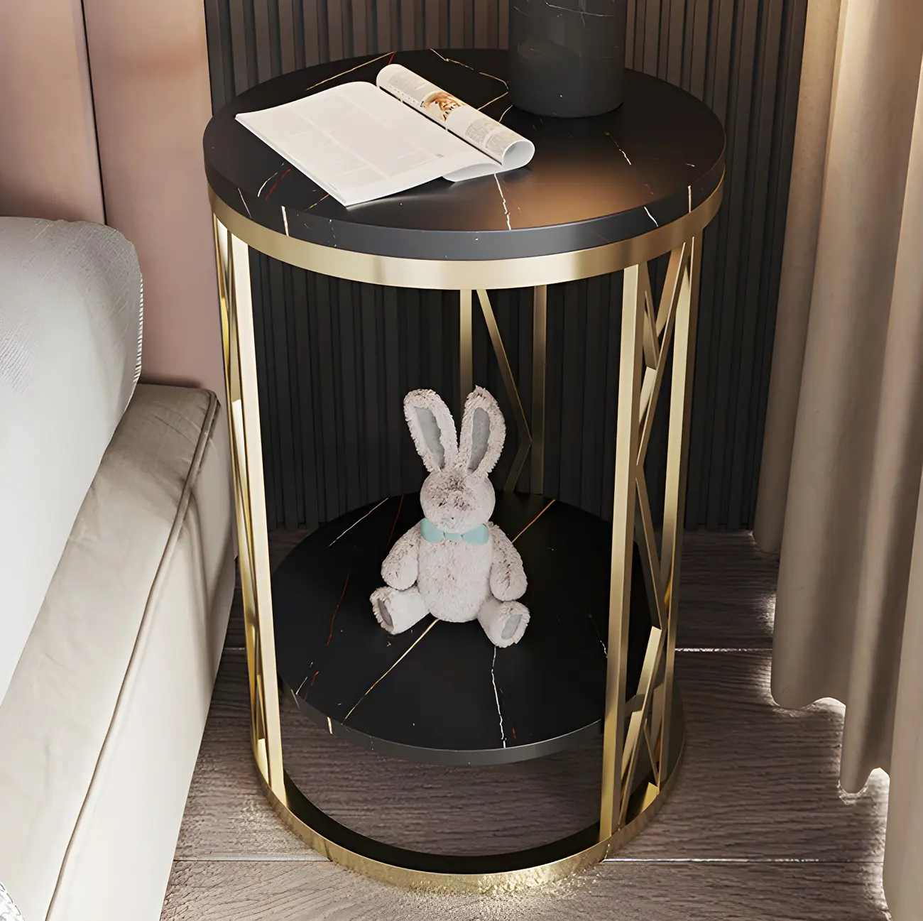 Round Nightstand with Marble Countertop and Open Shelf Storage Image - 1 | homeyfad
