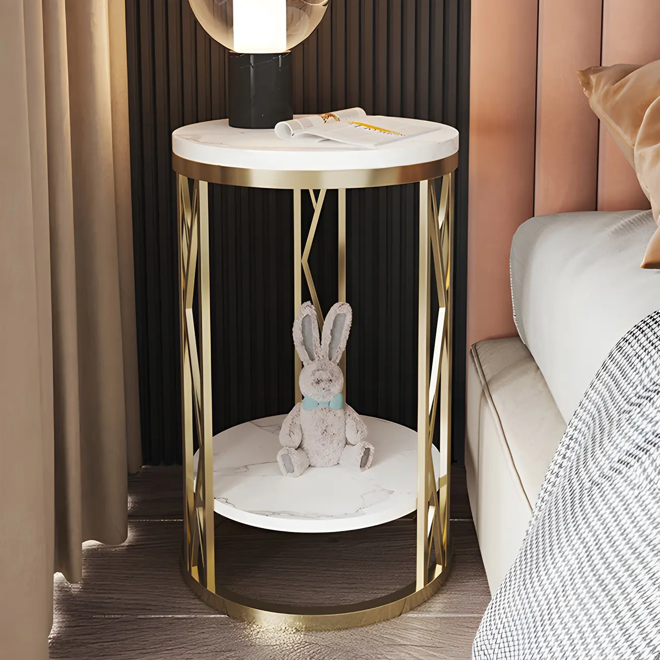 Round Nightstand with Marble Countertop and Open Shelf Storage Image - 6 | homeyfad