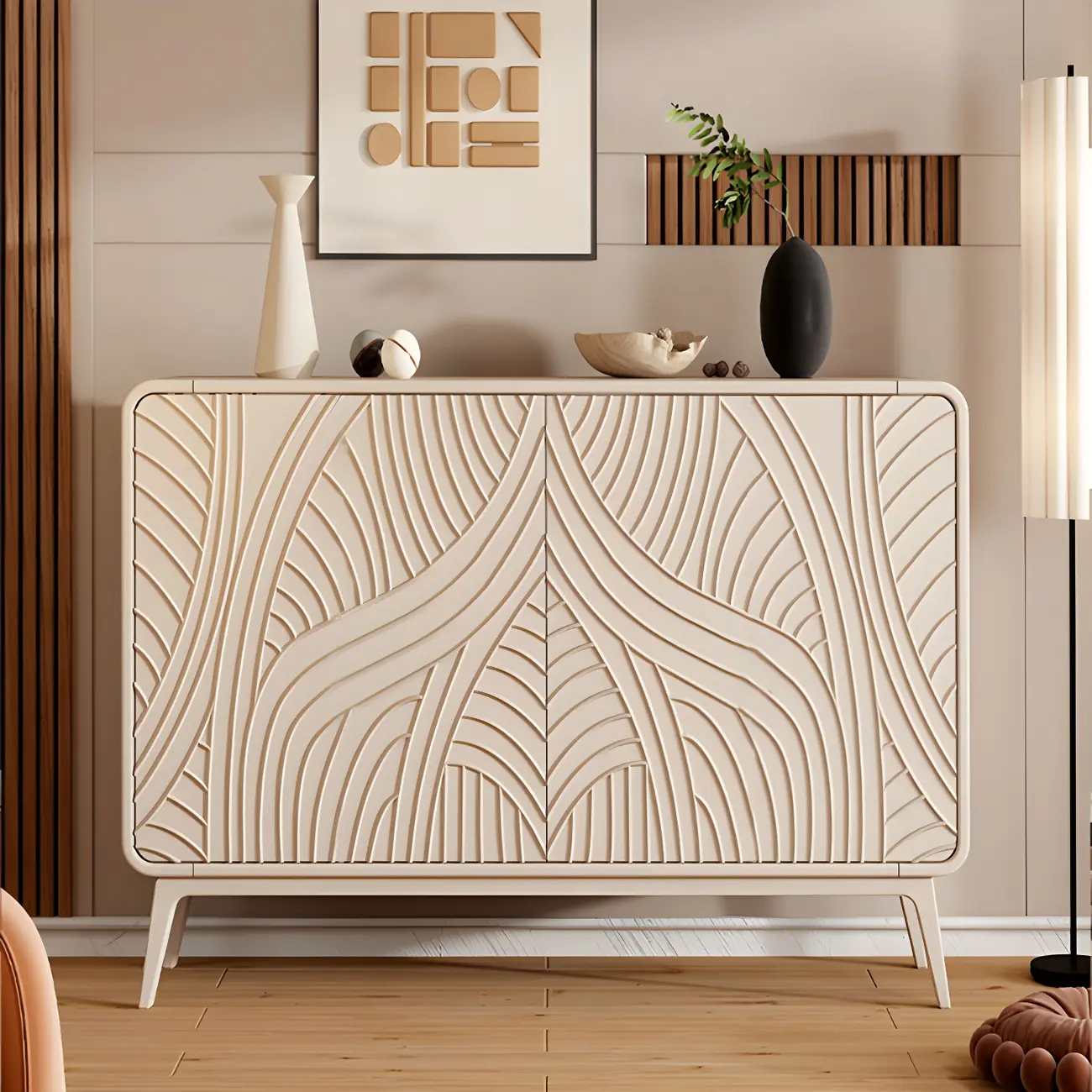 Modern White Wooden Sideboard with Artistic Doors Image - 1 | homeyfad