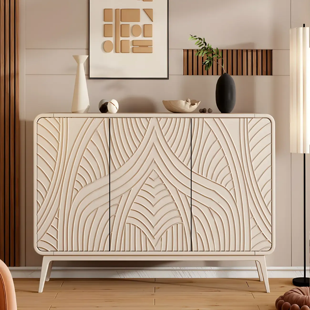 Modern White Wooden Sideboard with Artistic Doors Image - 2
