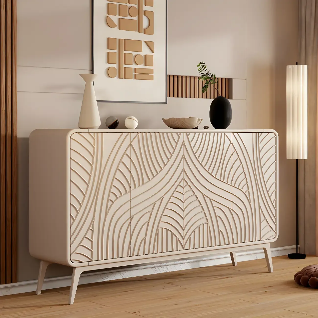 Modern White Wooden Sideboard with Artistic Doors Image - 3