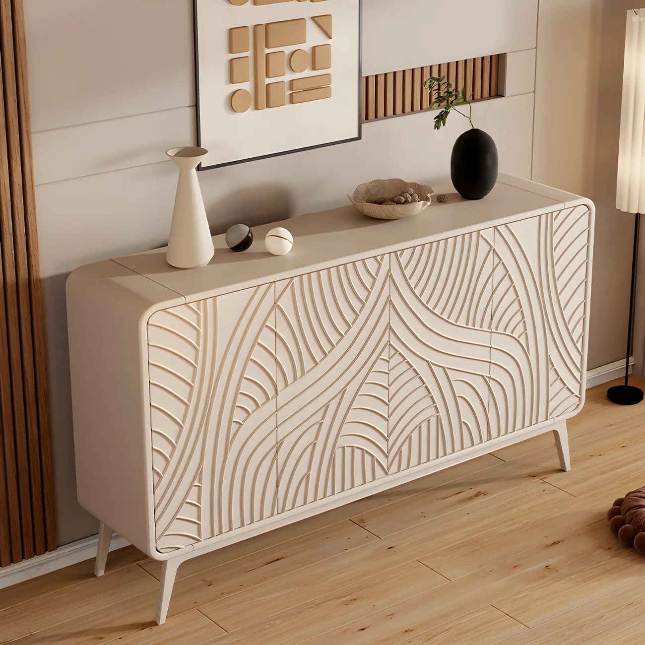 Modern White Wooden Sideboard with Artistic Doors Image - 4 | homeyfad