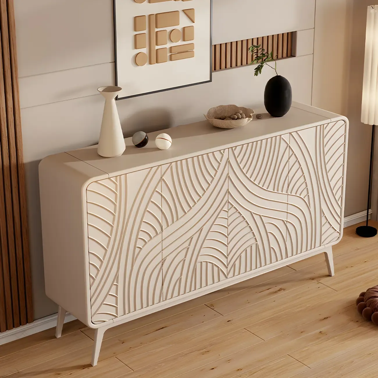 Modern White Wooden Sideboard with Artistic Doors Image - 4