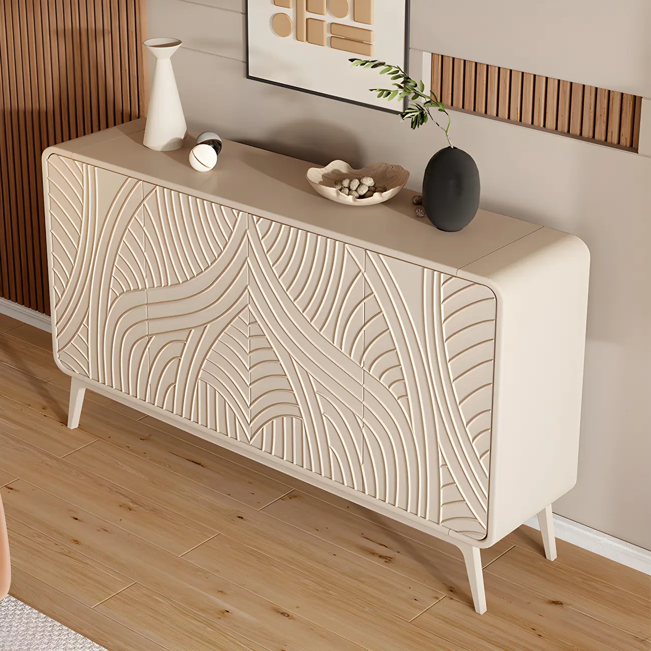 Modern White Wooden Sideboard with Artistic Doors Image - 6 | homeyfad
