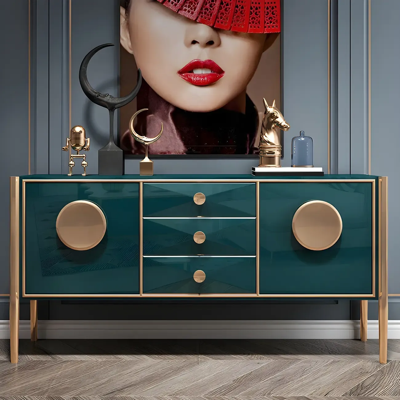 Modern Glossy Wooden Buffet Table with Drawers & Cabinets Image - 1