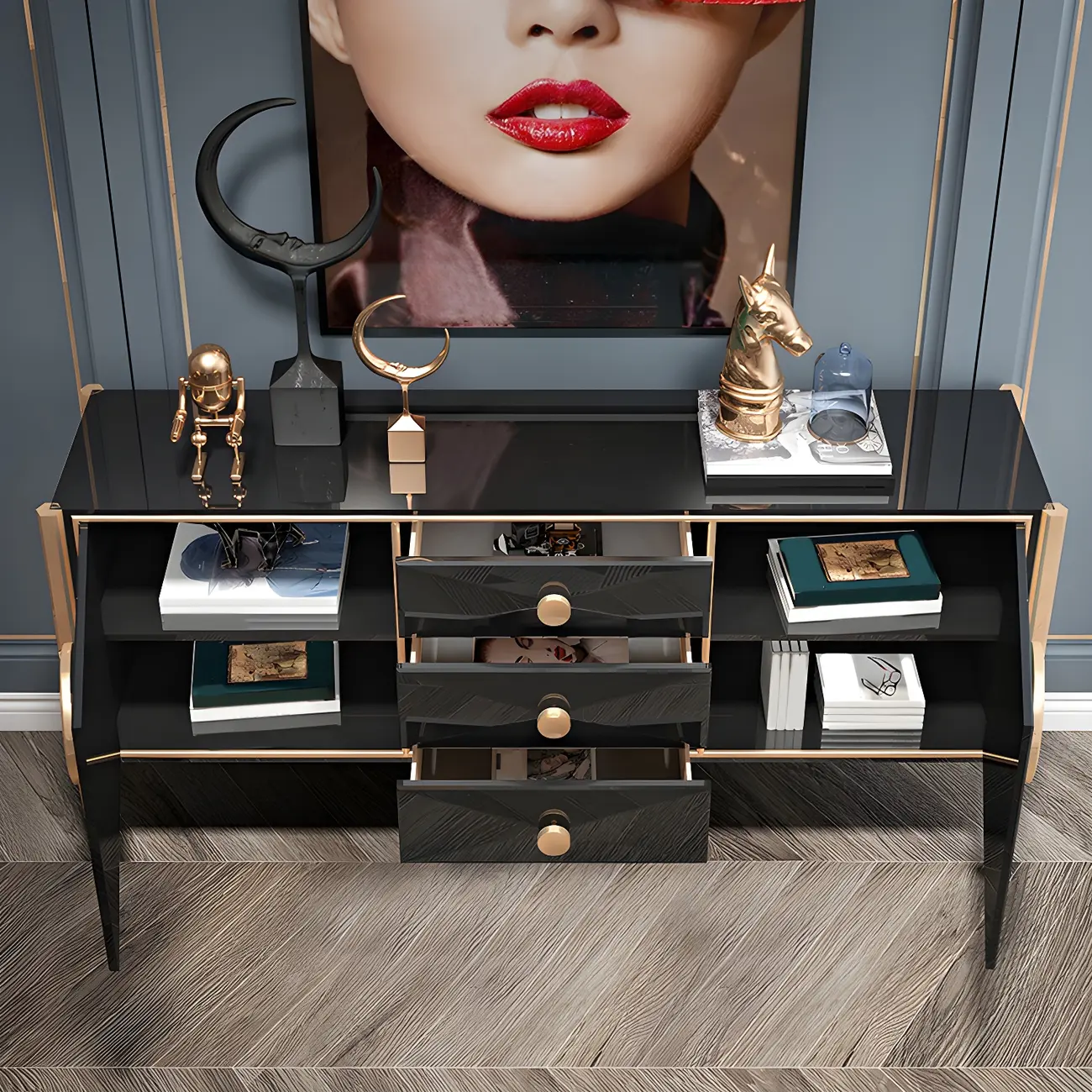 Modern Glossy Wooden Buffet Table with Drawers & Cabinets Image - 6 | homeyfad