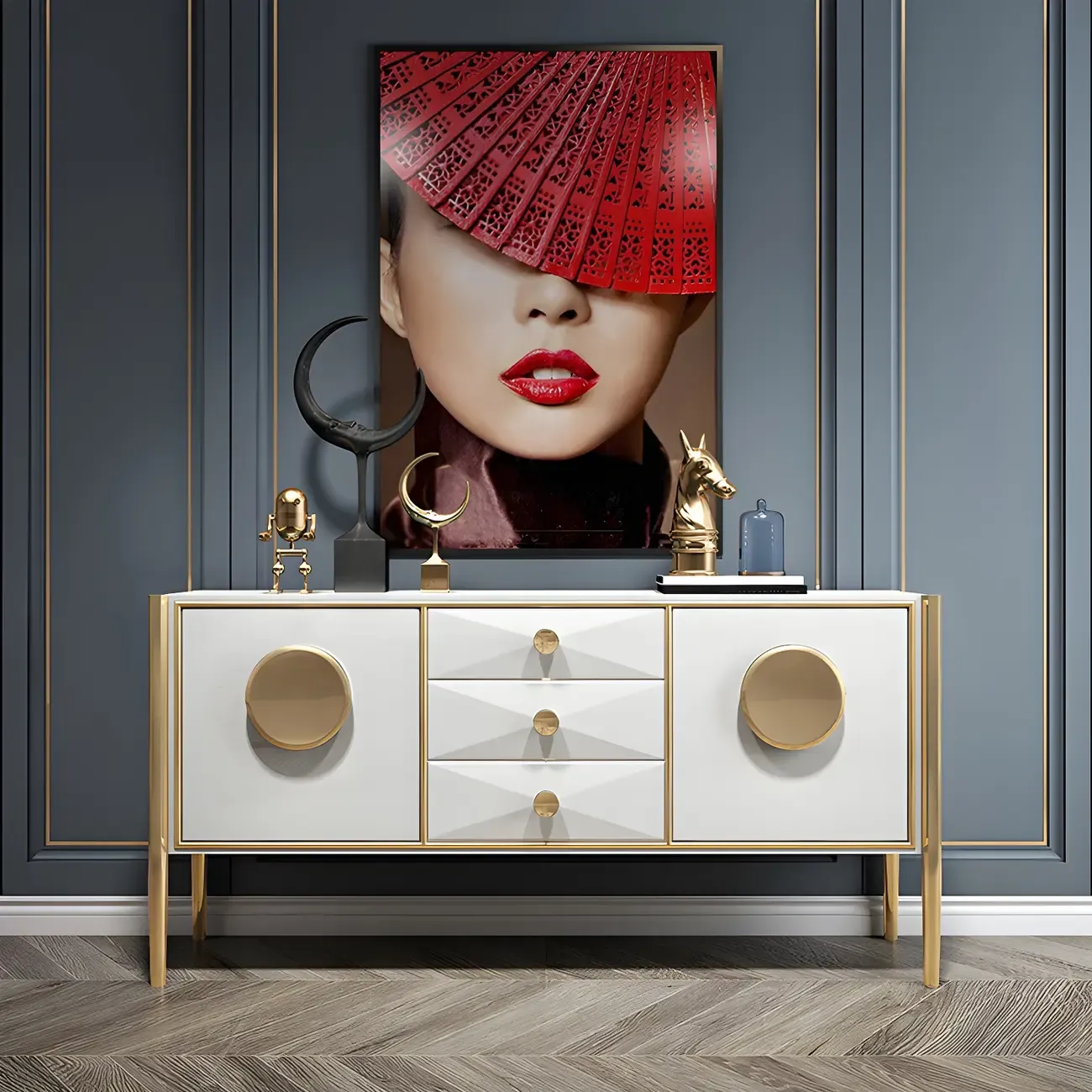 Modern Glossy Wooden Buffet Table with Drawers & Cabinets Image - 12