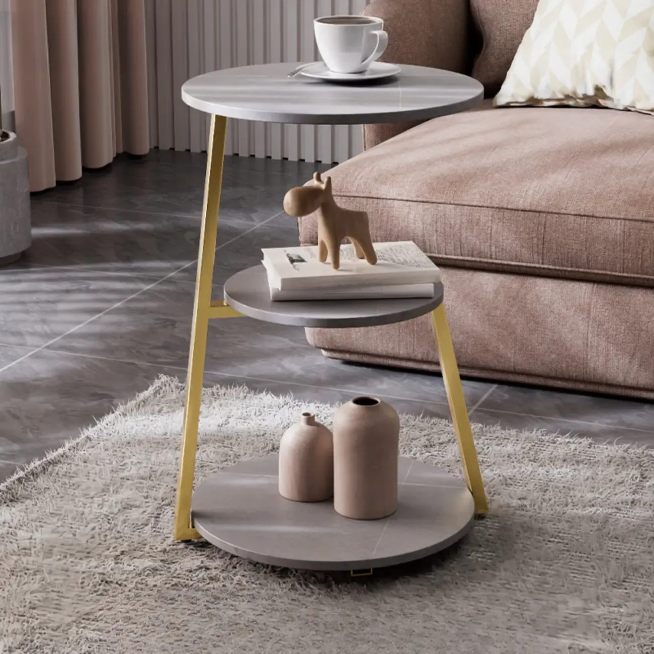 Modern Round Stone Side Table with 3-Tier Storage Shelves Image - 1