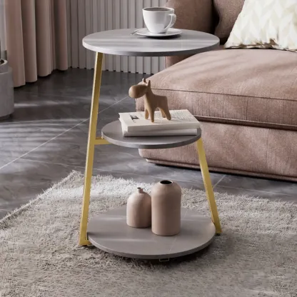 Modern Round Stone Side Table with 3-Tier Storage Shelves Image - 1