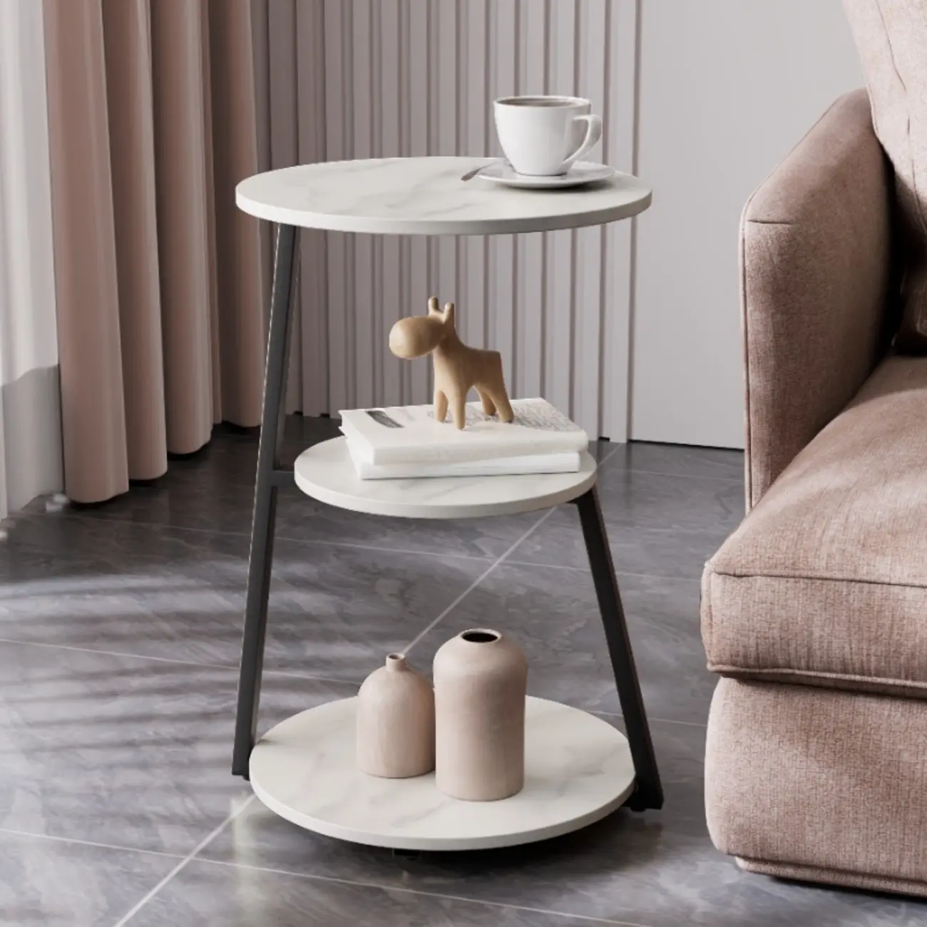 Modern Round Stone Side Table with 3-Tier Storage Shelves Image - 2 | homeyfad