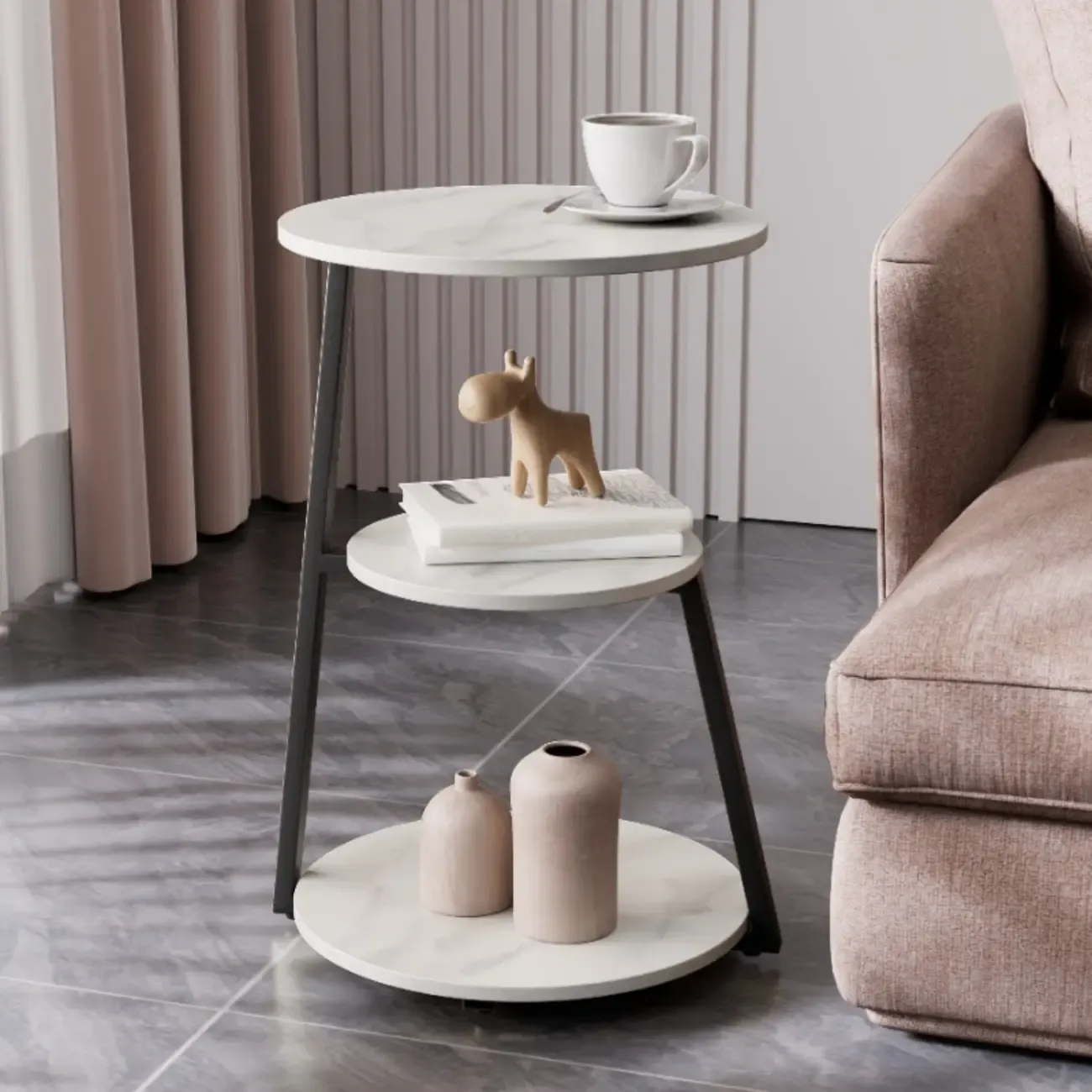 Modern Round Stone Side Table with 3-Tier Storage Shelves Image - 2