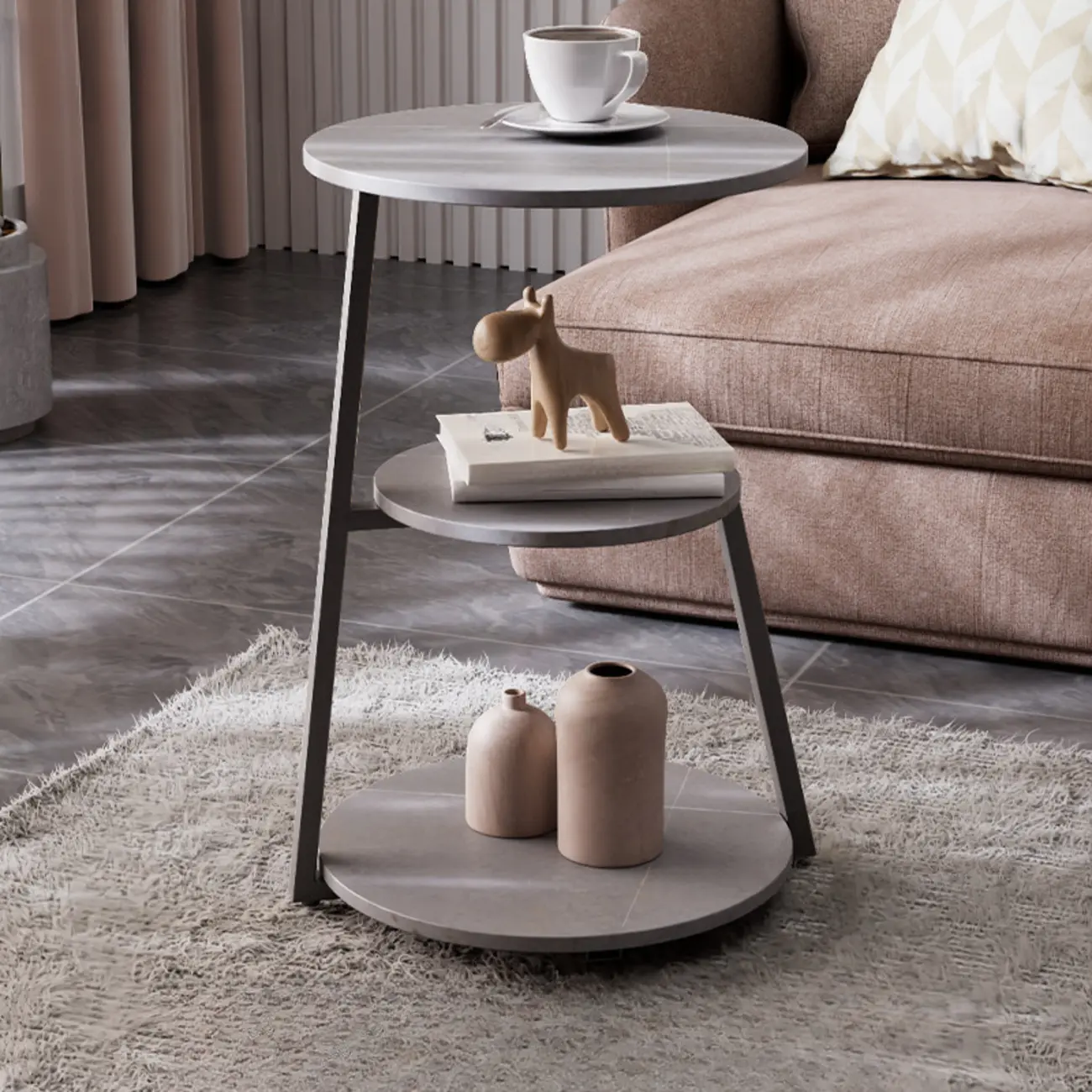 Modern Round Stone Side Table with 3-Tier Storage Shelves Image - 3 | homeyfad