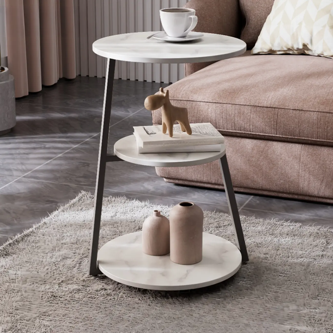 Modern Round Stone Side Table with 3-Tier Storage Shelves Image - 8 | homeyfad