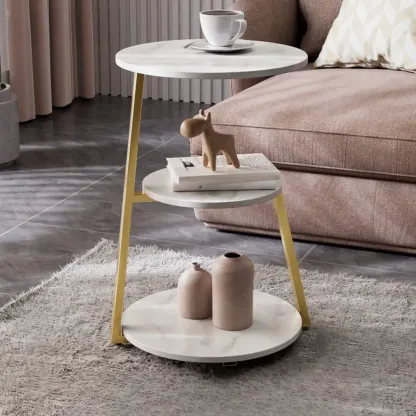 Modern Round Stone Side Table with 3-Tier Storage Shelves Image - 10