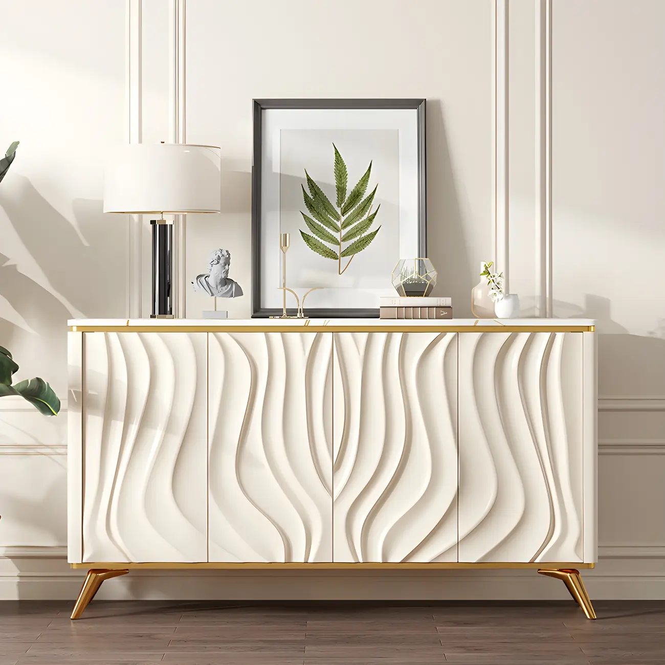 Glam Off-White Wooden Sideboard Cabinets with Carved Door Image - 1 | homeyfad