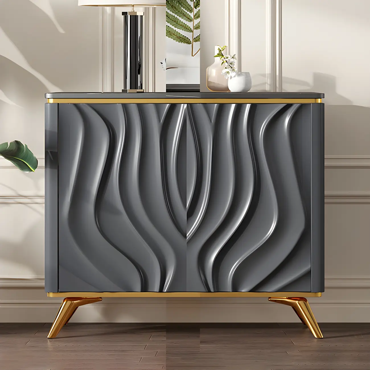 Glam Off-White Wooden Sideboard Cabinets with Carved Door Image - 2 | homeyfad