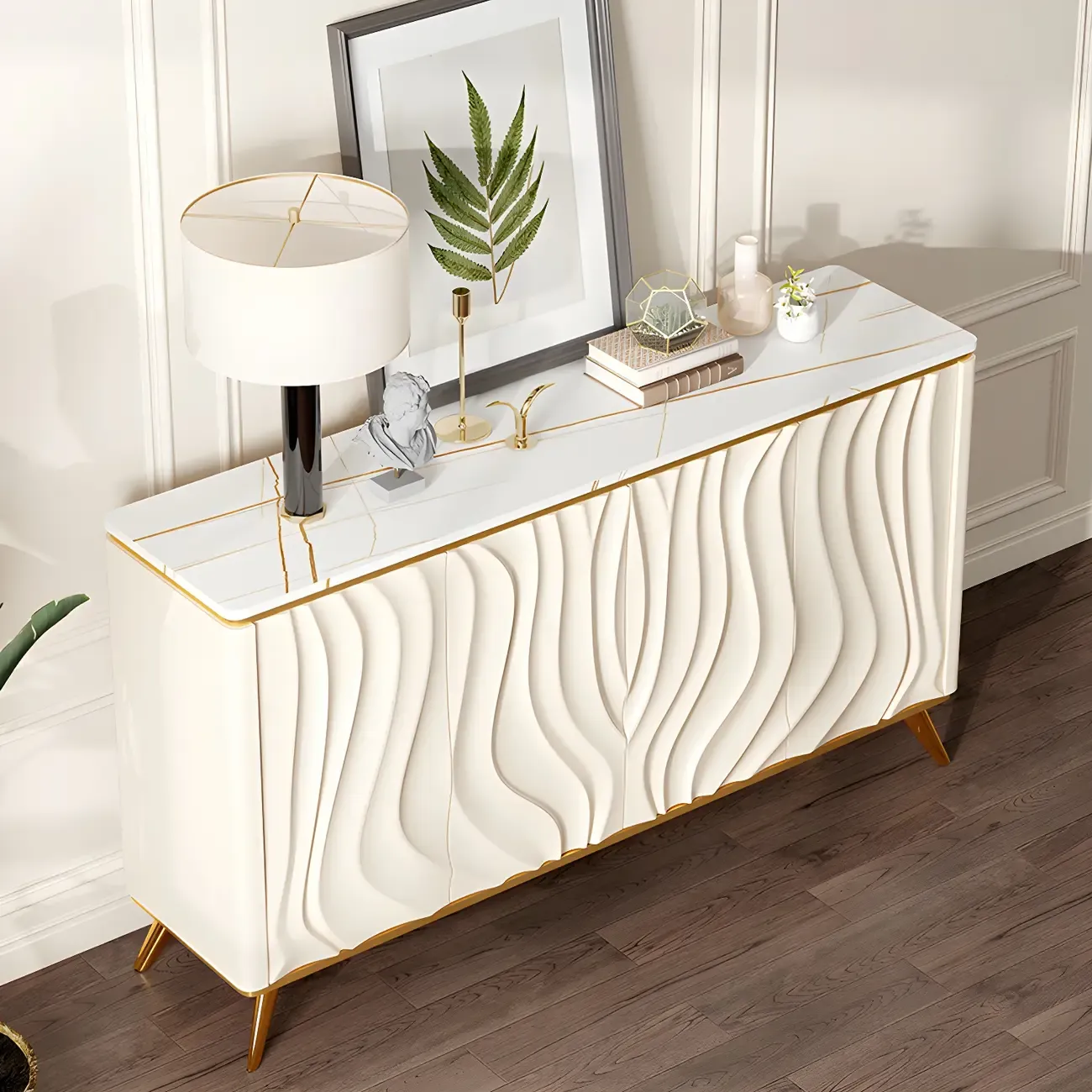 Glam Off-White Wooden Sideboard Cabinets with Carved Door Image - 4
