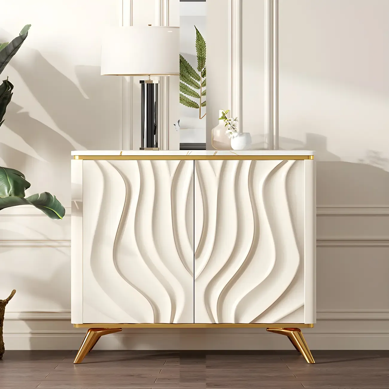 Glam Off-White Wooden Sideboard Cabinets with Carved Door | HomeyFad