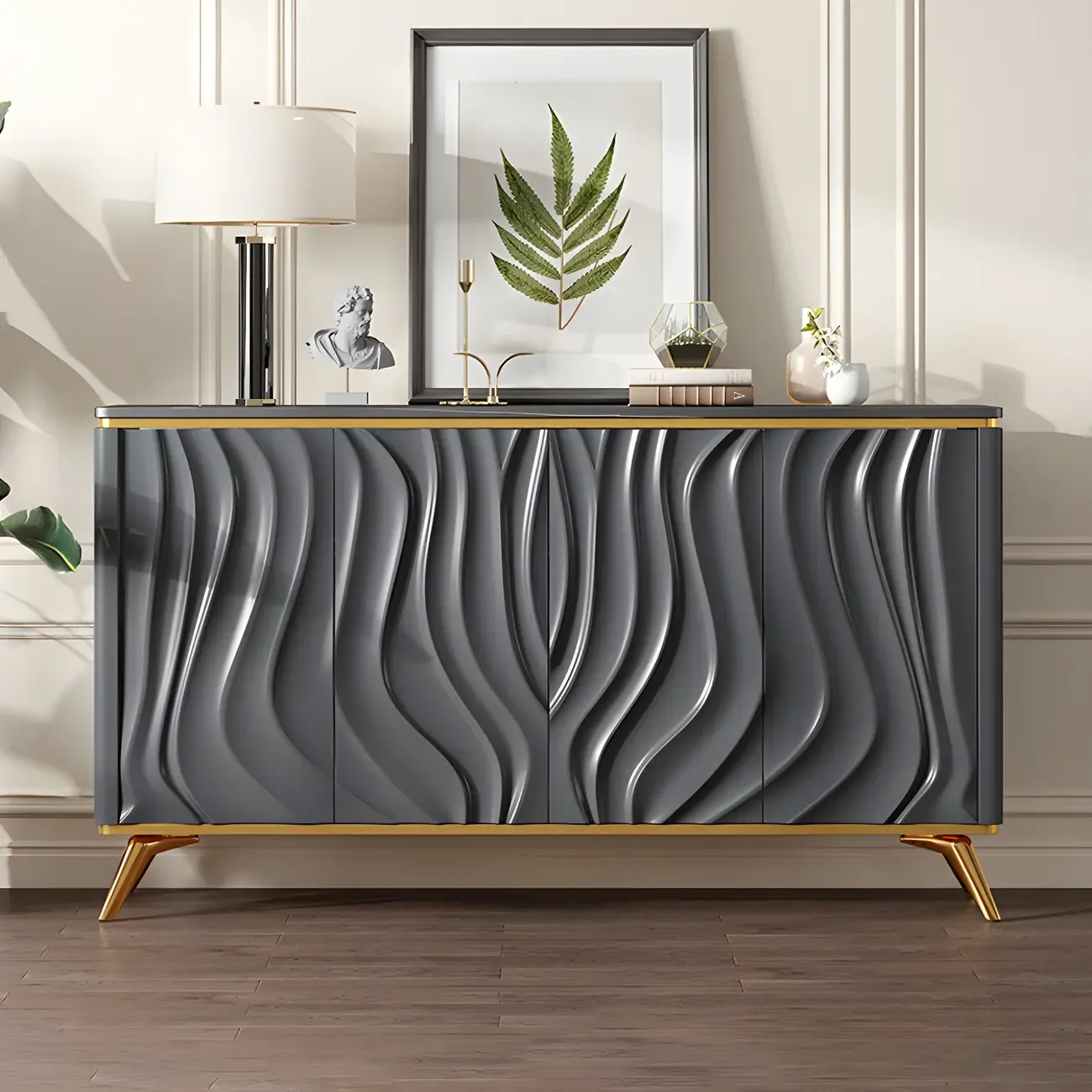 Glam Off-White Wooden Sideboard Cabinets with Carved Door Image - 6