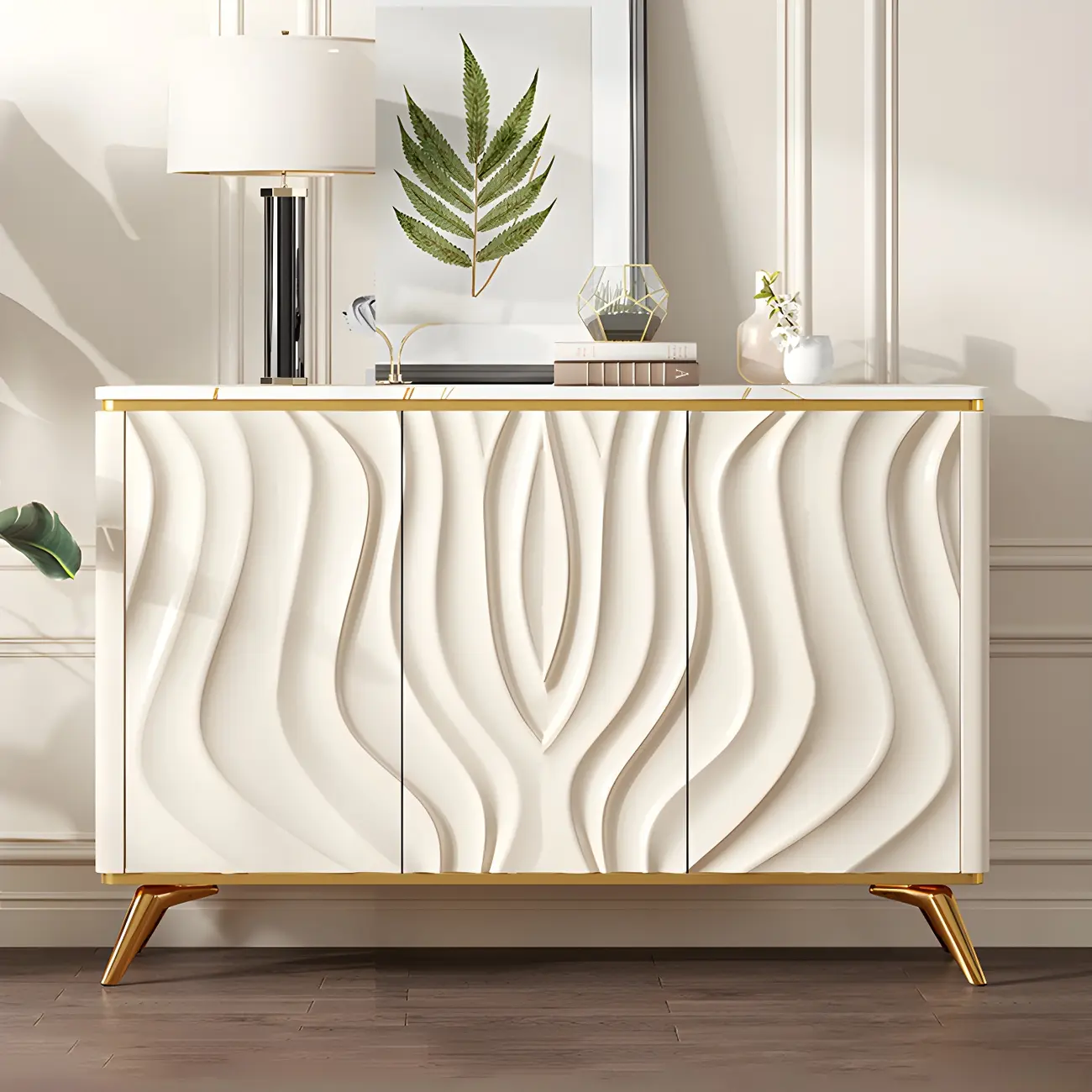 Glam Off-White Wooden Sideboard Cabinets with Carved Door Image - 7 | homeyfad