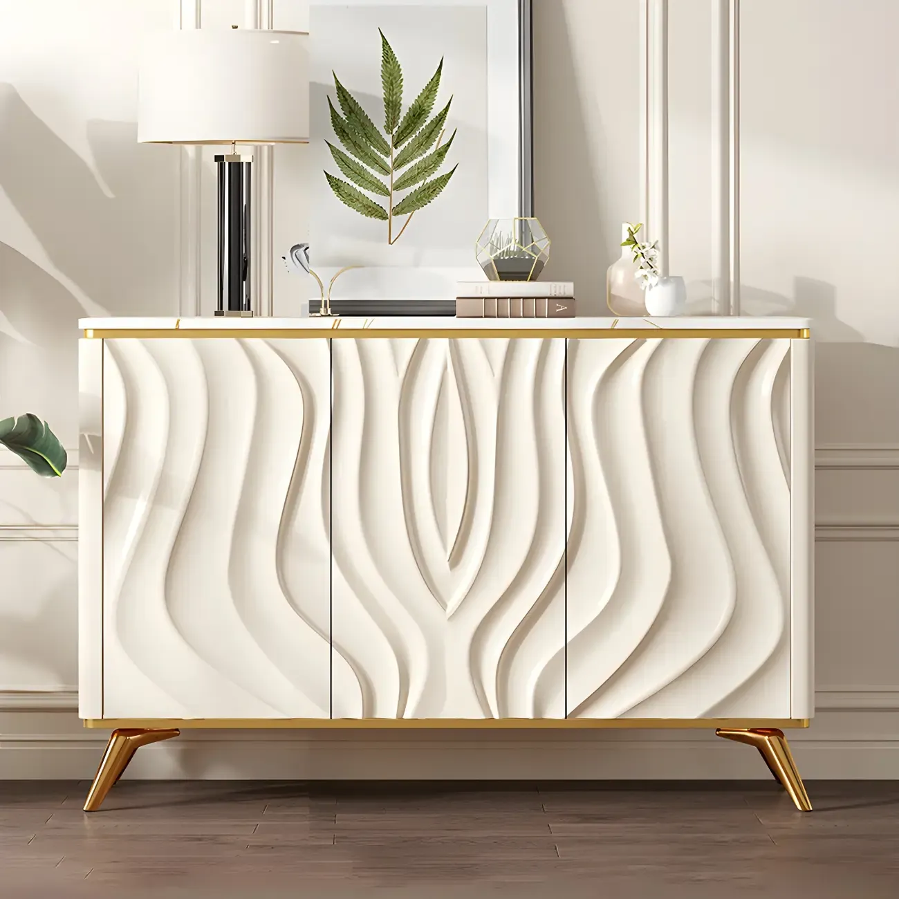 Glam Off-White Wooden Sideboard Cabinets with Carved Door Image - 7