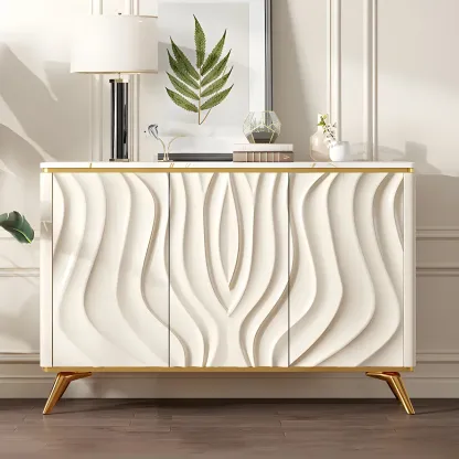 Glam Off-White Wooden Sideboard Cabinets with Carved Door Image - 7