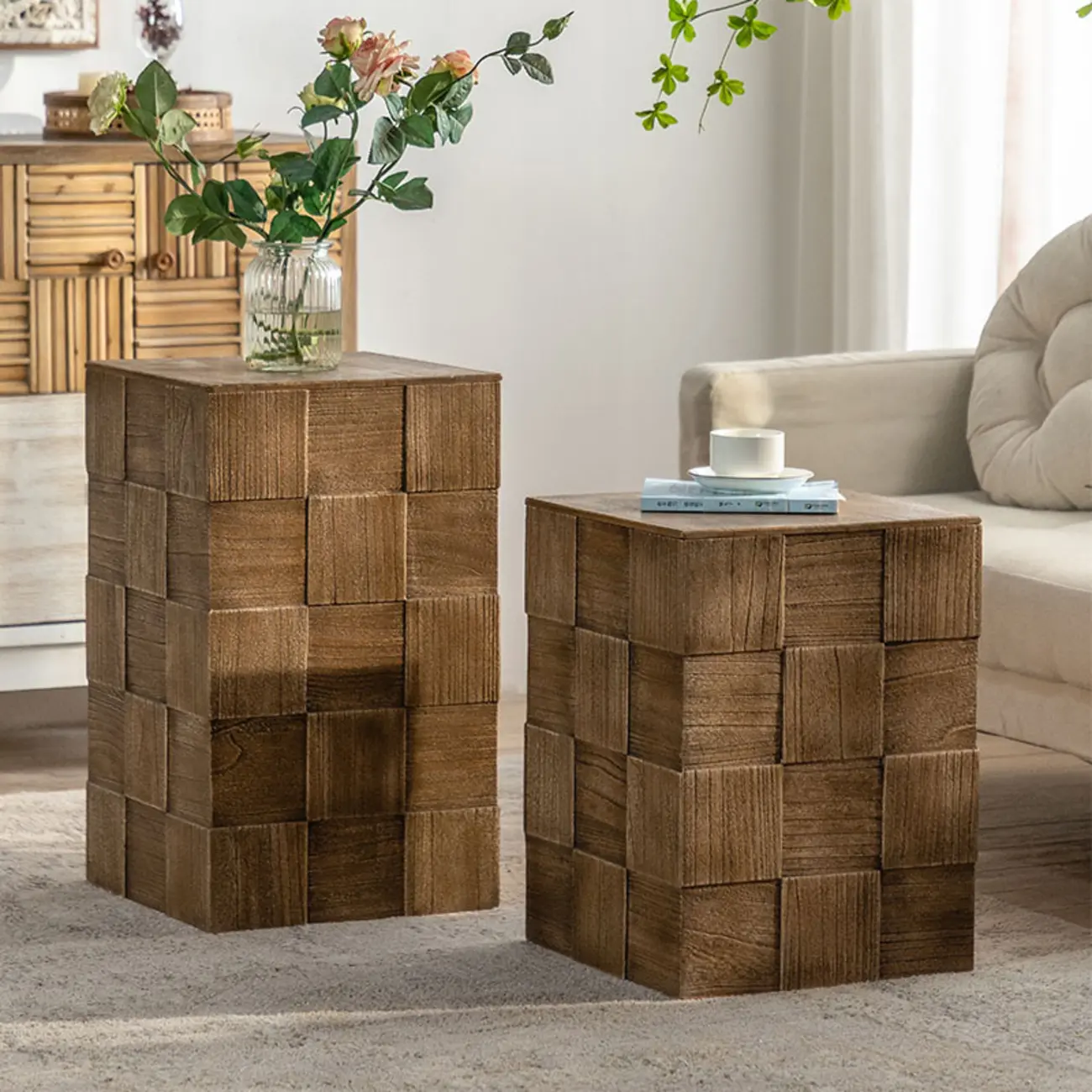 Rectangle Wood Drum End Table with Storage for Living Room Image - 1 | homeyfad