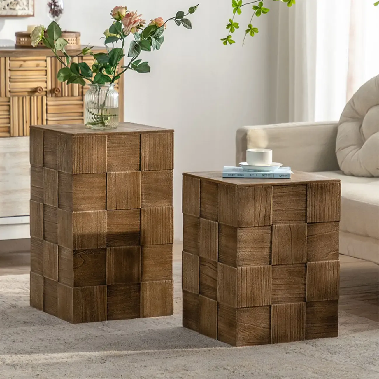 Rectangle Wood Drum End Table with Storage for Living Room Image - 1
