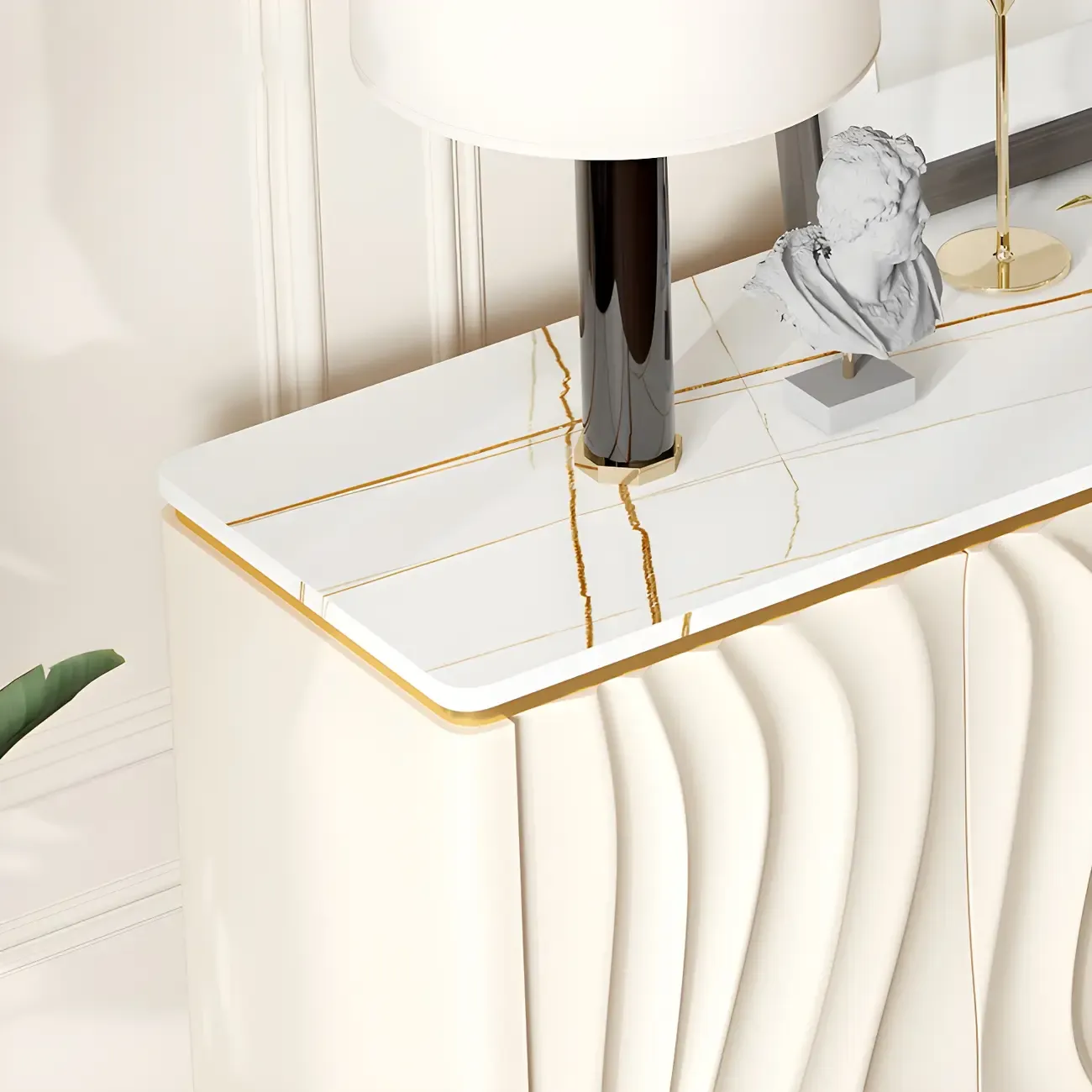 Glam Off-White Wooden Sideboard Cabinets with Carved Door Image - 10