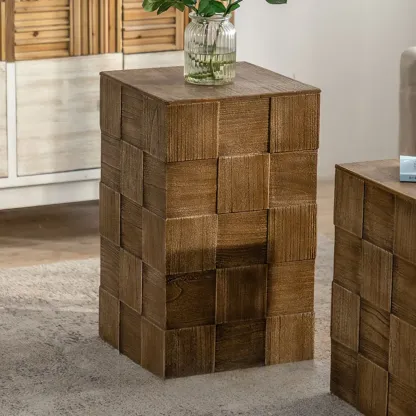 Rectangle Wood Drum End Table with Storage for Living Room Image - 4