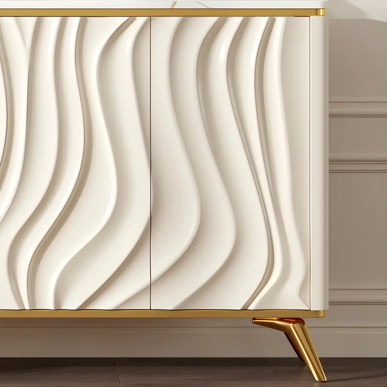 Glam Off-White Wooden Sideboard Cabinets with Carved Door Image - 12