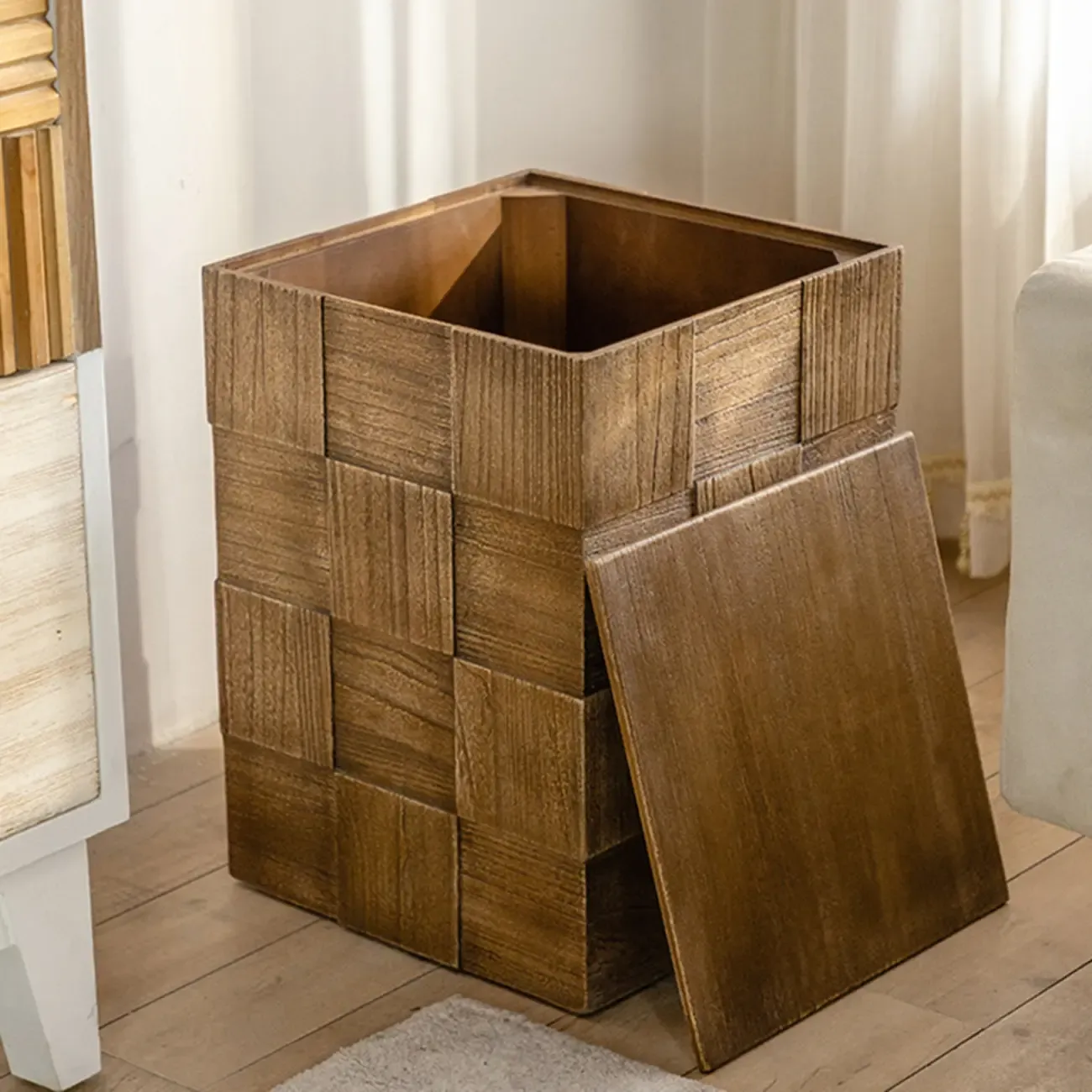 Rectangle Wood Drum End Table with Storage for Living Room Image - 7