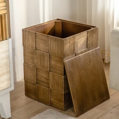 Rectangle Wood Drum End Table with Storage for Living Room Image - 7