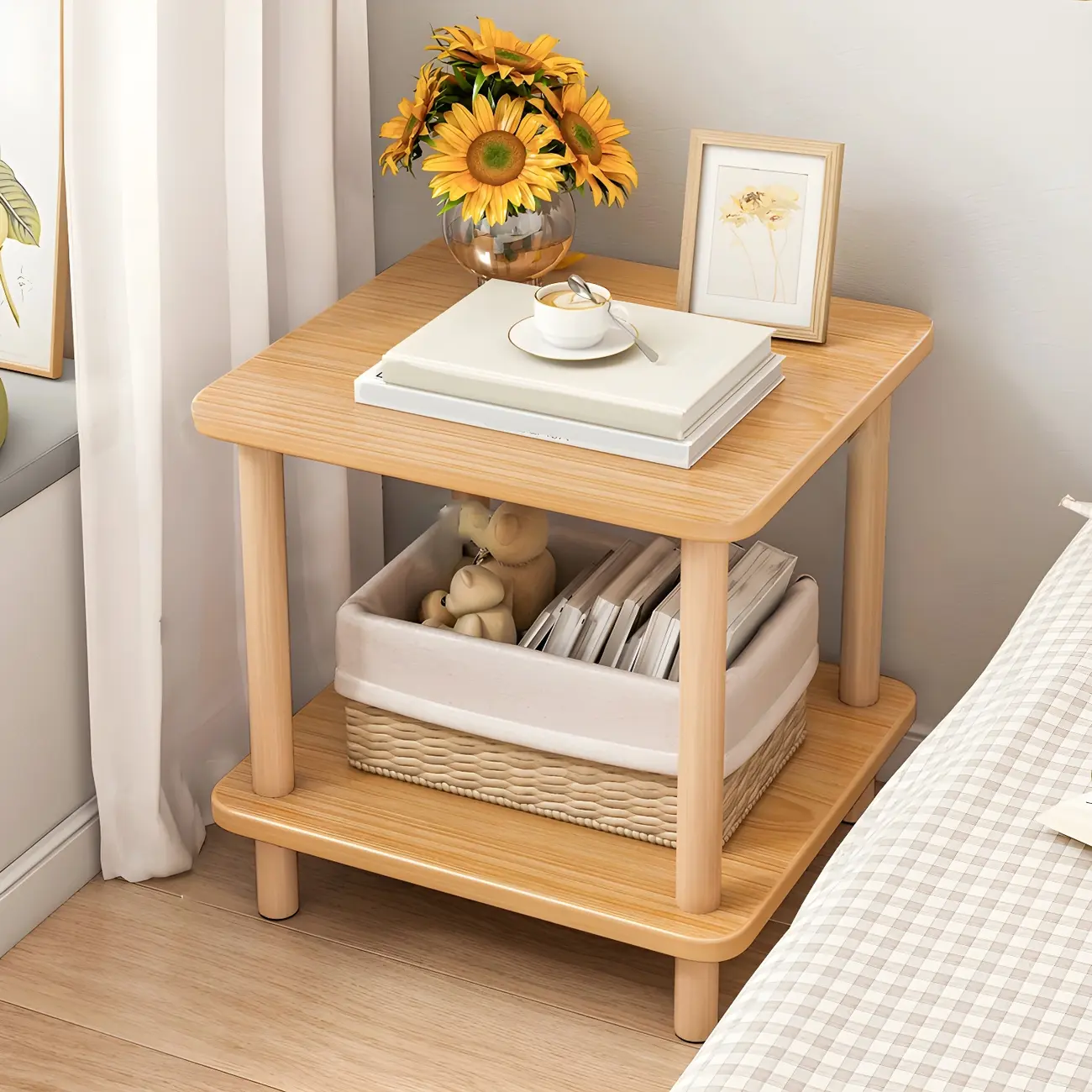Rustic Wooden Bedside Table with Open Shelf Storage Image - 1 | homeyfad